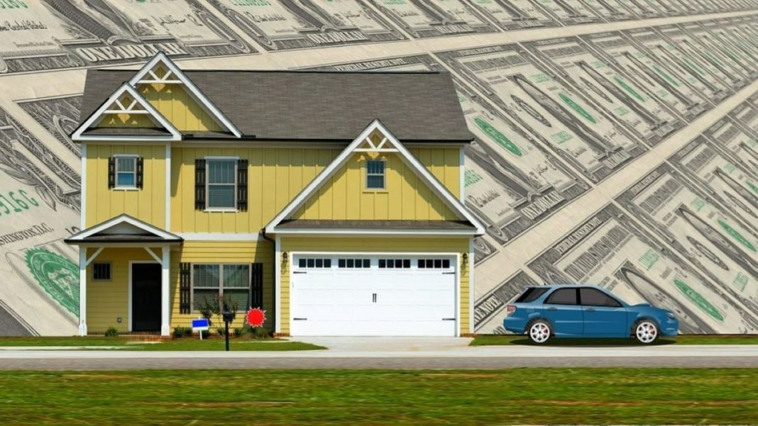 Stylized image of house and car over background of dollar bills to represent insurtech