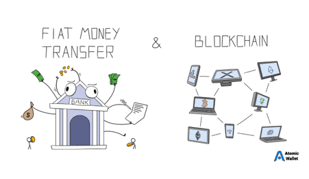 For an article about USDT, a cartoon depiction of a fiat bank next to a blockchain