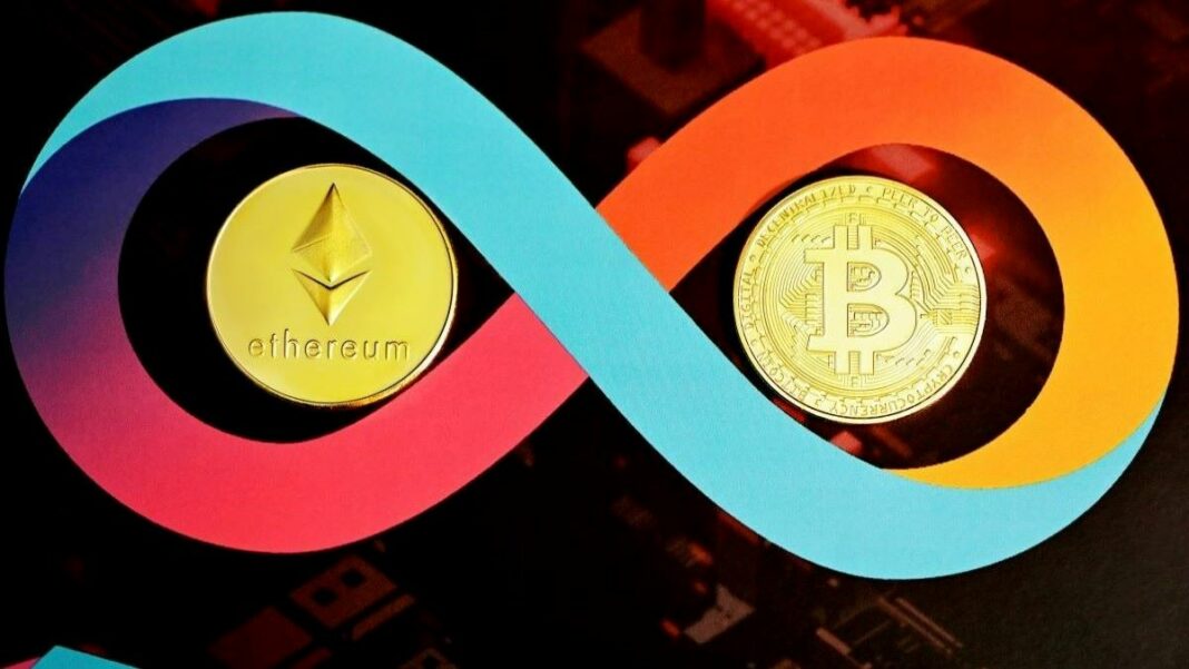 cryptocurrency coins representing Etherum and bitcoin