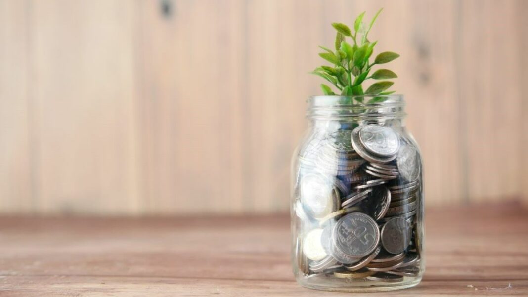 savings represented by coins in a clear jar topped off with green growing plant.