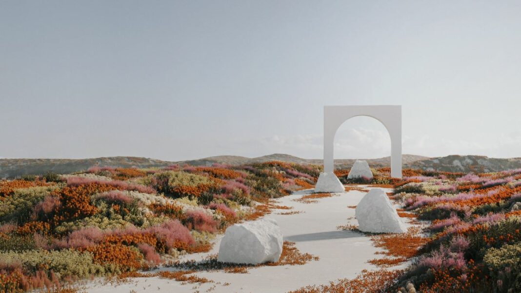 blockchain and AI in partnership, represented by rock formations and a white stone arch in a stark landscape