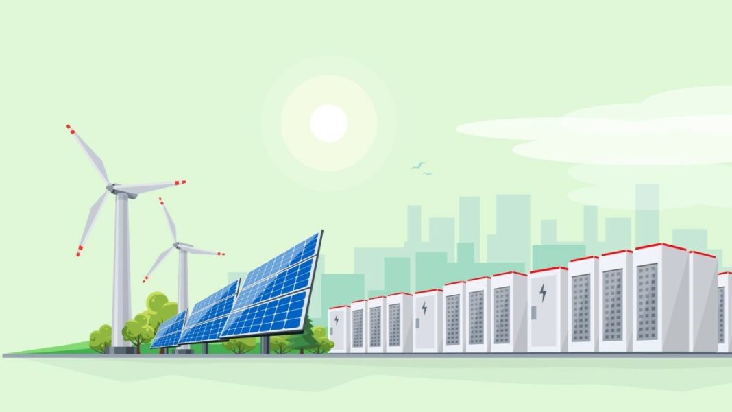 storing energy represented by a vector drawing of windmills, solar panels, and rows of large energy storage batteries