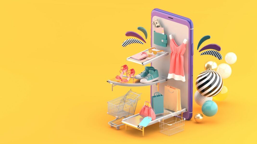 ecommerce website represented by a vector drawing of various colorful merchandise attached to the face of a smartphone