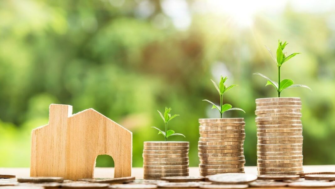 real estate investor represented by a wooden cutout shaped like a house, next to stacks of coins with growing plants set on top of them