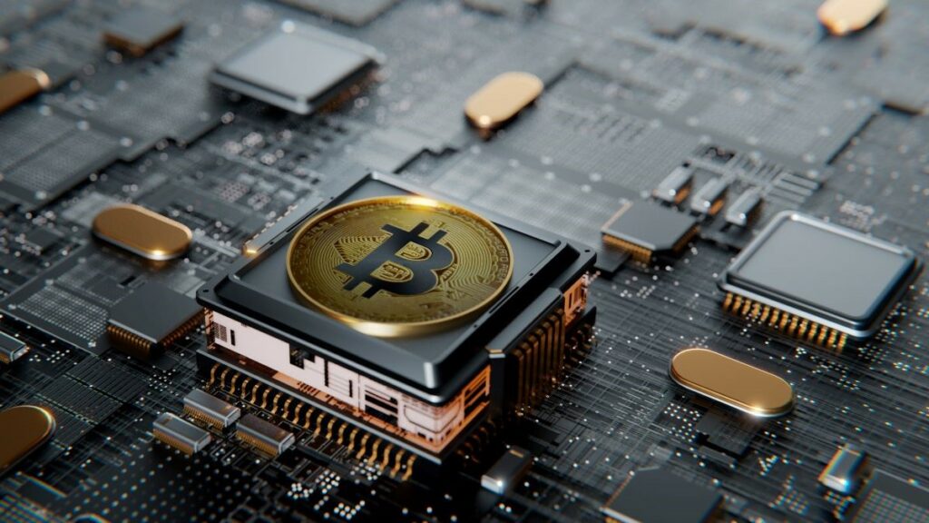 bitcoin mining academy represented by a bitcoin placed over a microprocessor