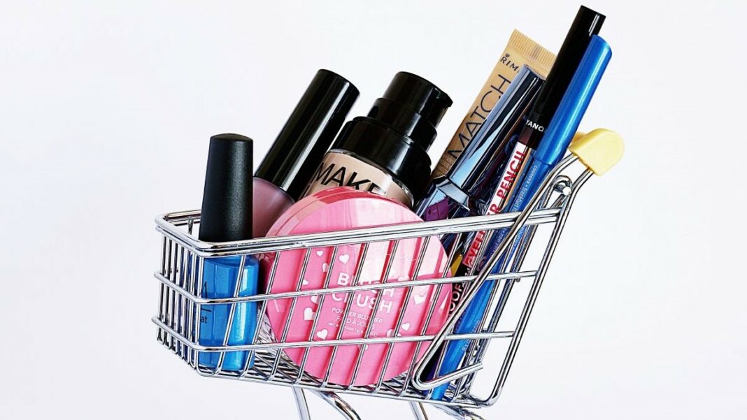 CPG (consumer packaged goods) represented by an imaginary ecommerce shopping cart full of cosmetics