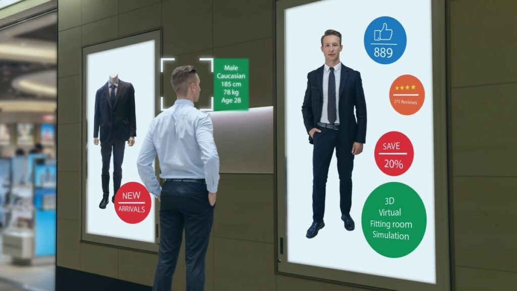 digital signage represented by a man viewing a digital sign that is powered by AI to predict what he might like