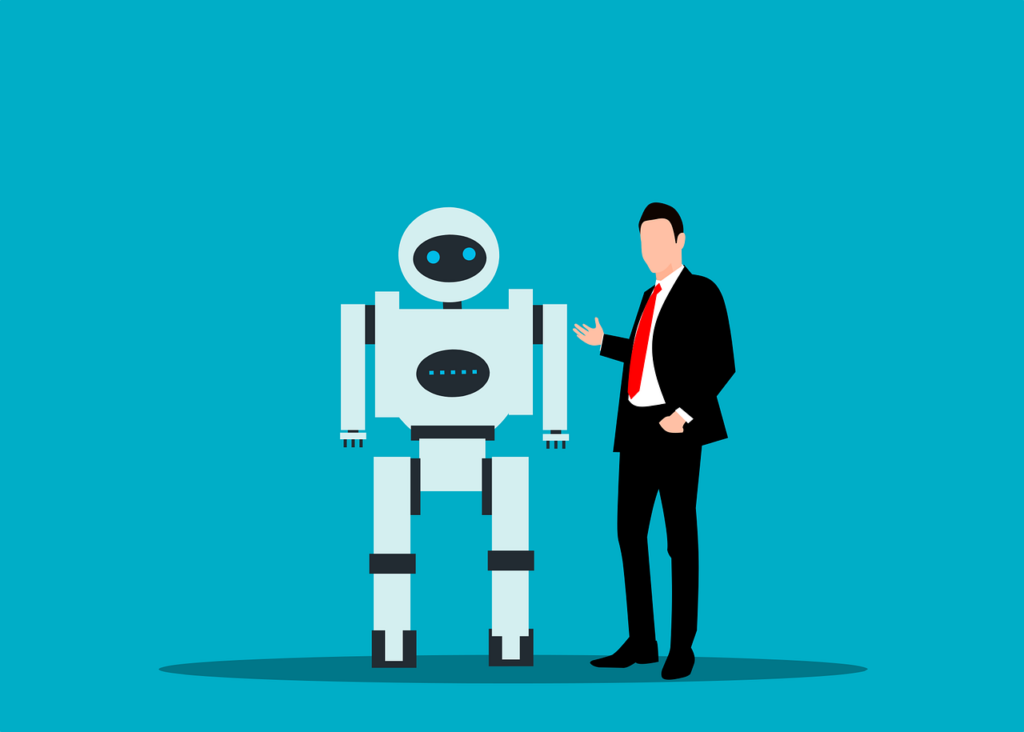 Robot representing artificial intelligence standing next to a person in a business suit