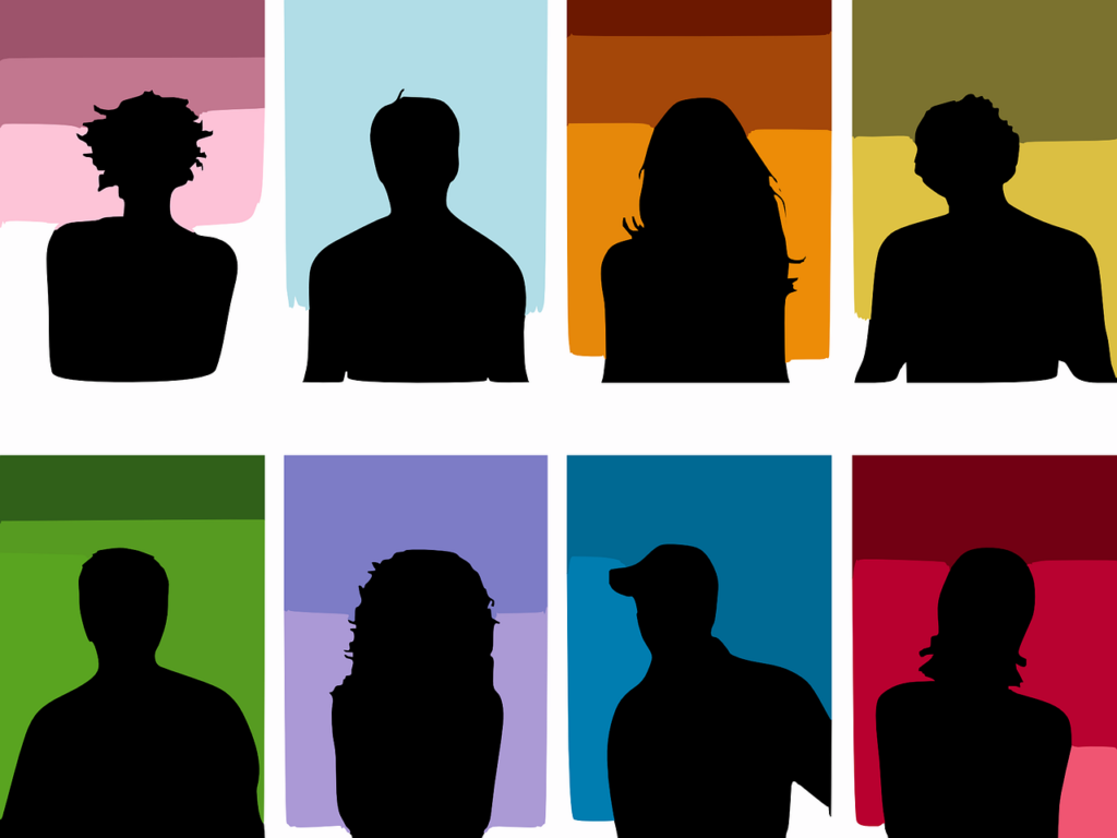 Eight differently colored blocks with silhouettes of different people to signify personalization through customer interaction