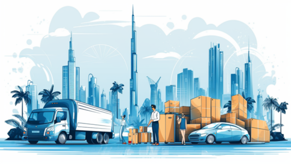 sketch of Dubai skyline behind a moving truck, packing boxes, and a family engaged in moving to Dubai