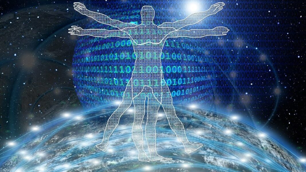 business data insights represented by a rendering of a human form filled in with binary numbers standing astride a globe with another massive globe rising in the background