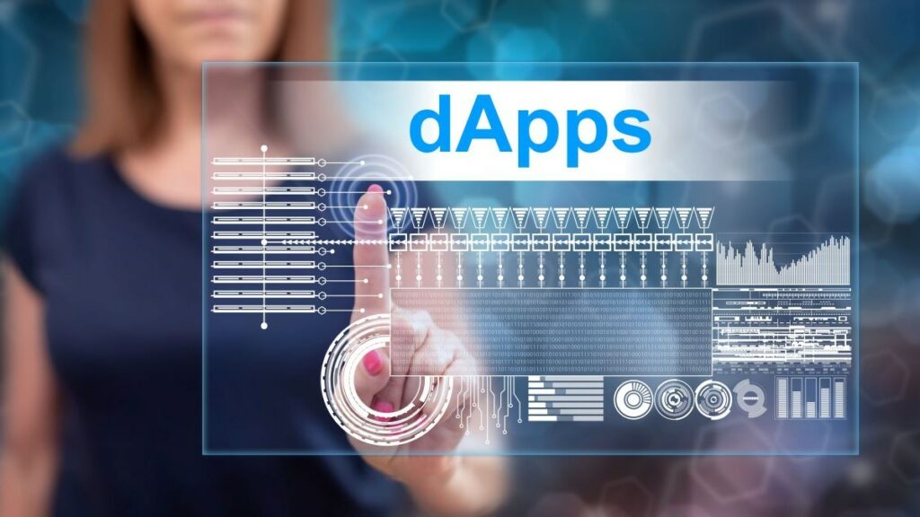 dApps represented by a woman touching a dApps concept on a touch screen with her finger