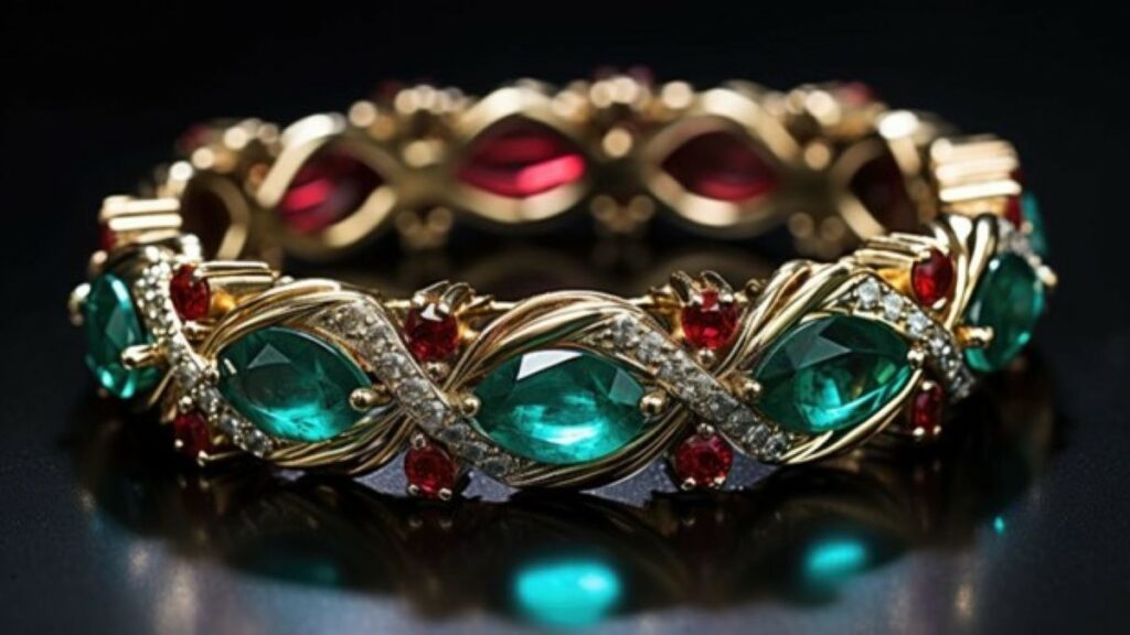 jewelry photography represented by a sparkling gold ring with red and green gems