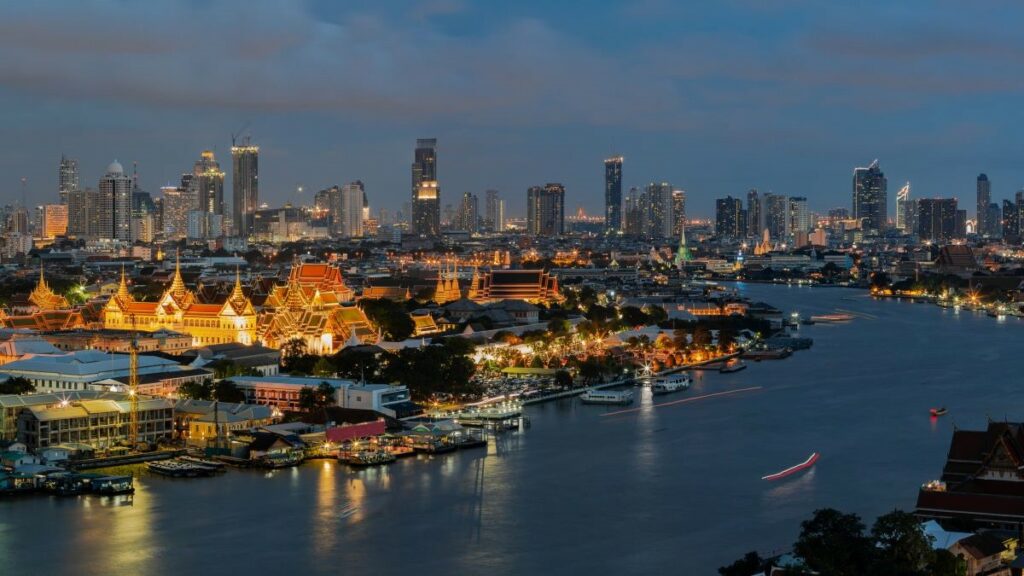 Bangkok shown in an aerial photograph of the city's skyline at dusk