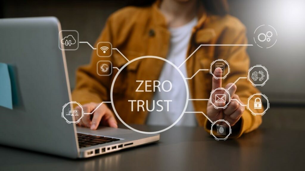 zero trust concept represented by a person using a computer with a zero trust icon on a virtual screen