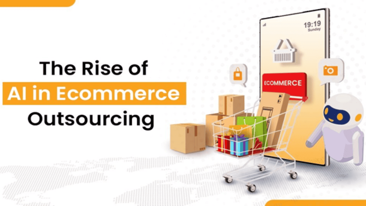 AI in ecommerce outsourcing represented by a vector image with a cute robot, a smartphone, and an array of packages from an online store