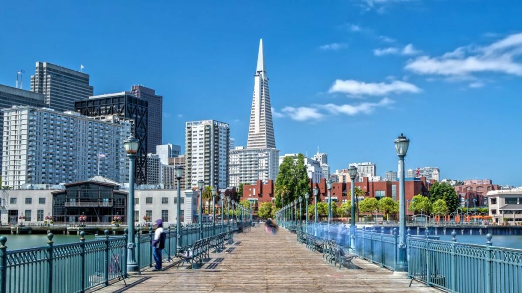 luxury living in San Francisco represented by a photo of the Transamerica Tower from Pier 7