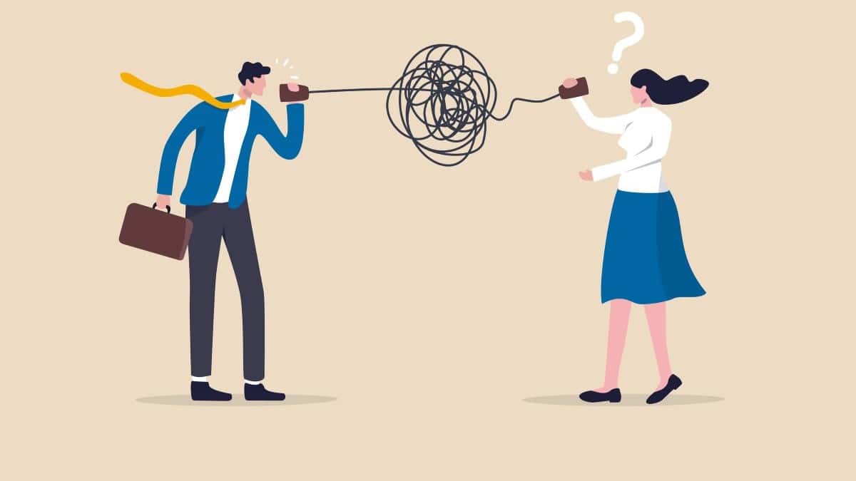miscommunication represented by a vector drawing showing two businesspeople trying to communicate by way of tin cans and tangled string